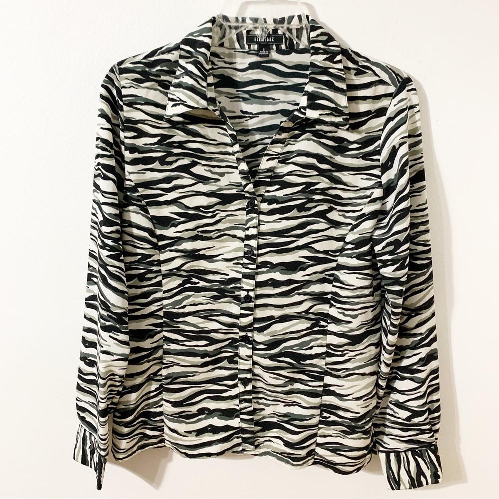 Elementz Zebra Striped Button Front Blouse Pointed Collar Cuffs Side Vents ⬛️⬜️